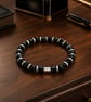 Men’s Black Onyx & Silver Hematite Bracelet – 19 cm – 8 mm Beads