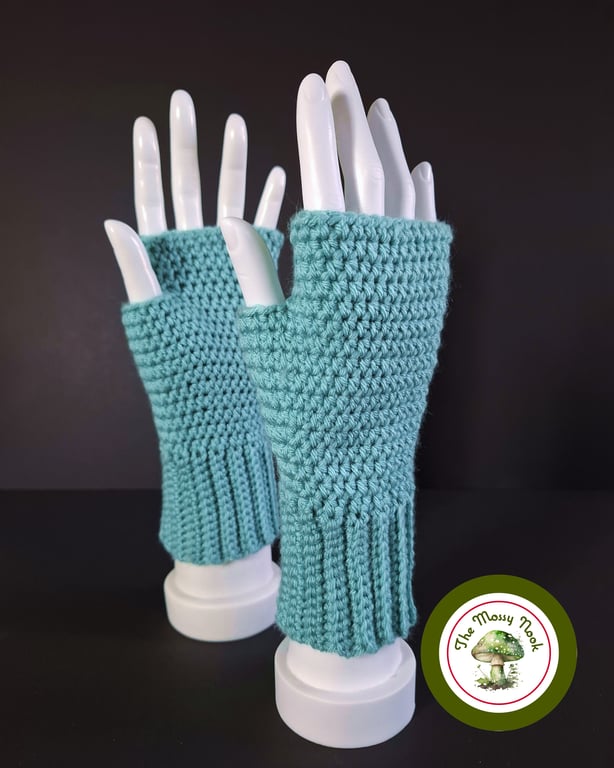 Fingerless Mittens in Cyan. Anti-Pilling. Handmade Crochet. Fingerless Gloves.