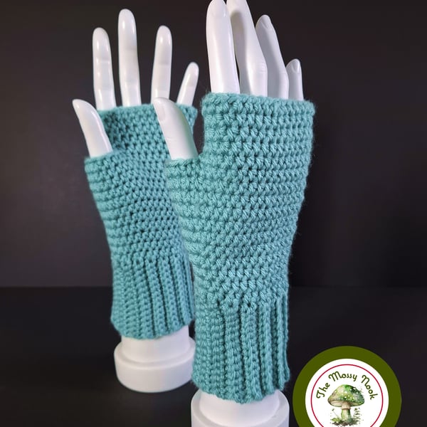 Fingerless Mittens in Cyan. Anti-Pilling. Handmade Crochet. Fingerless Gloves.