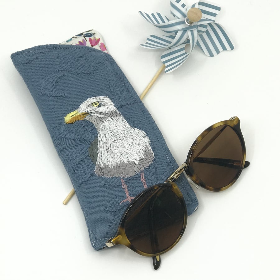 Soft glasses  case with hand embroidered seagull
