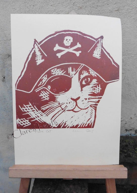 Pirate Cat Open Edition Hand-Pulled Linocut Print 