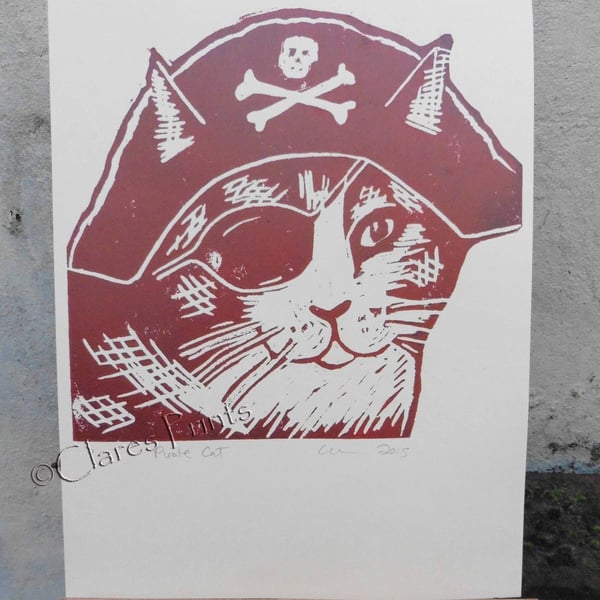 Pirate Cat Open Edition Hand-Pulled Linocut Print 