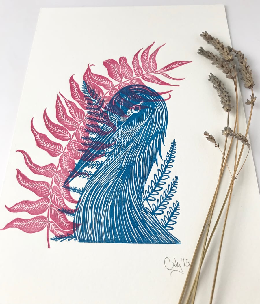 Crane and Ferns lino cut