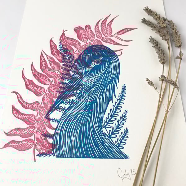 Crane and Ferns lino cut