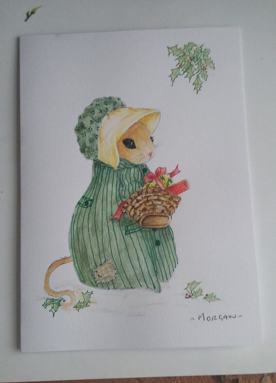 HAND PAINTED WATER COLOUR CHRISTMAS CARD  OF  MICE 