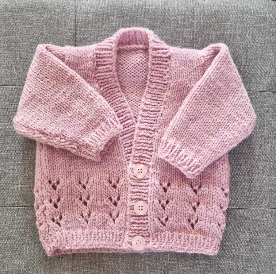 0 to 3 months hand knitted baby cardigan in pale pink
