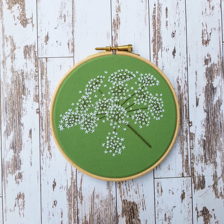 Ground elder embroidery art, 5". Hand stitched umbellifer flowers.