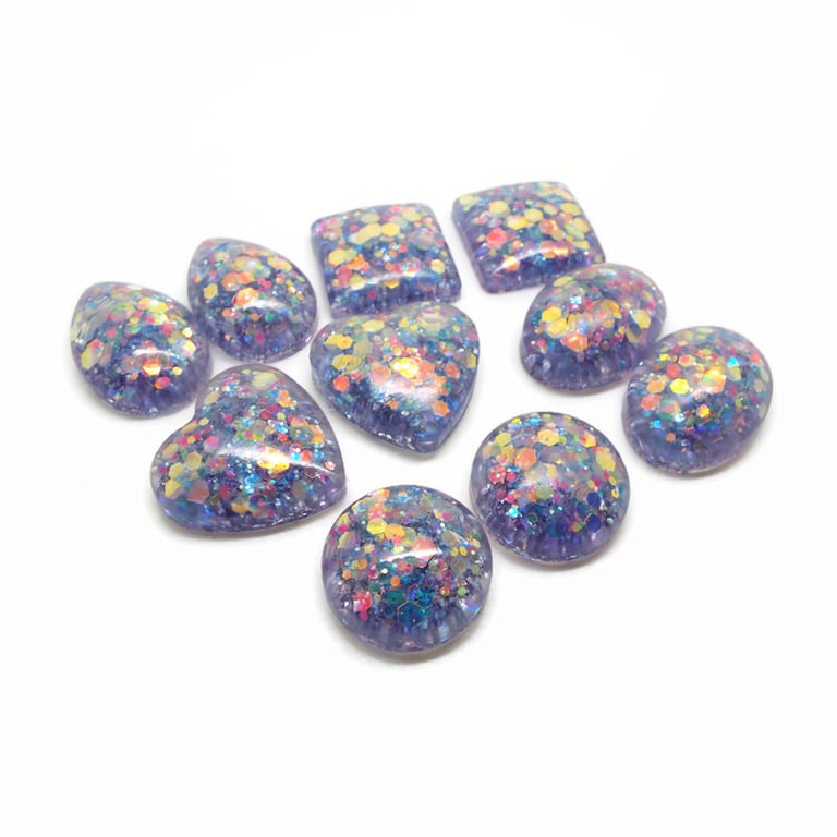10 Lilac Resin Handmade Cabochons with Gold Holographic Glitter