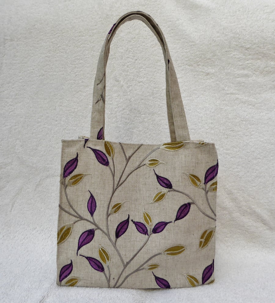 Handbag with Embroidery on Linen Style Fabric. Purple Leaf Design