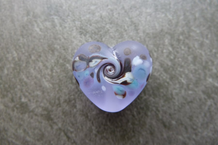 purple frit tumbled heart, lampwork glass beads