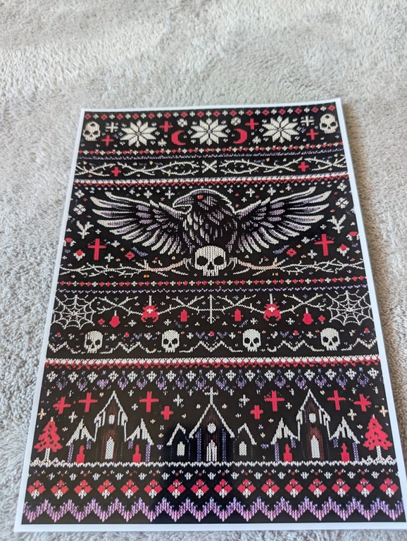 Gothic Raven Fair Isle Inspired Photo Print A4, Dark Academia, Halloween