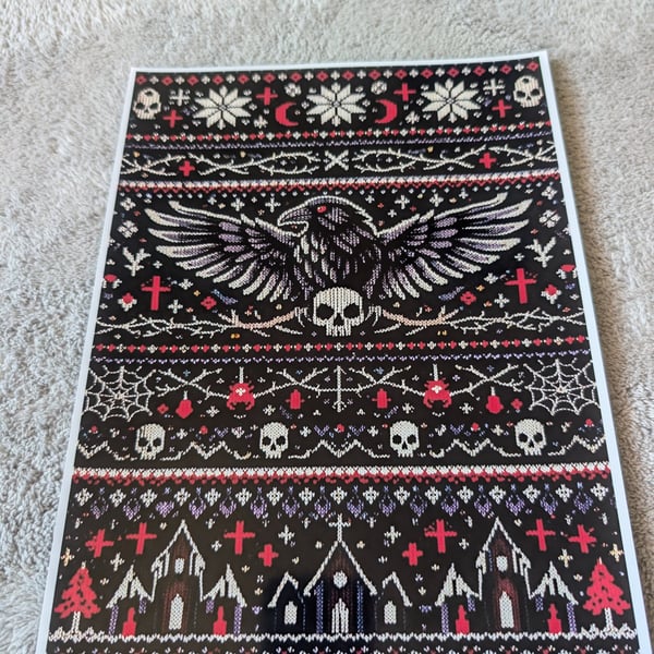 Gothic Raven Fair Isle Inspired Photo Print A4, Dark Academia, Halloween