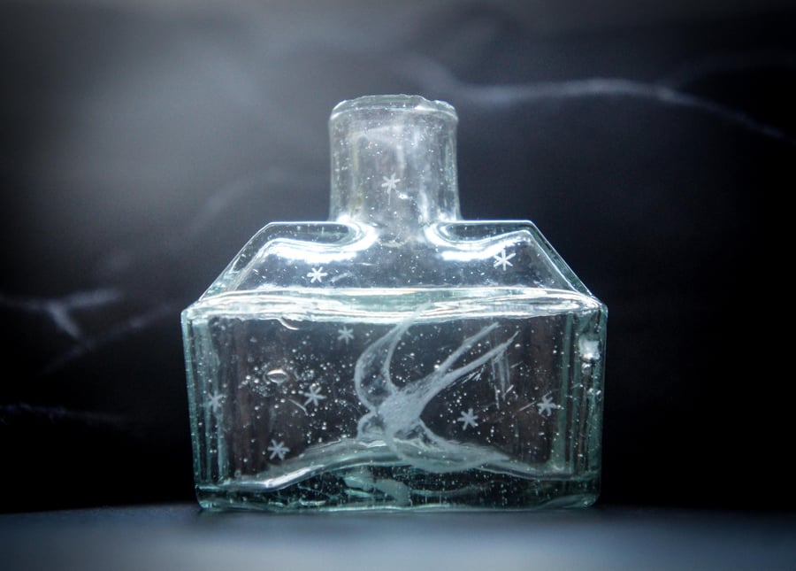 Hand Engraved Antique Inkwell Glass Bottle, Swallow With Stars
