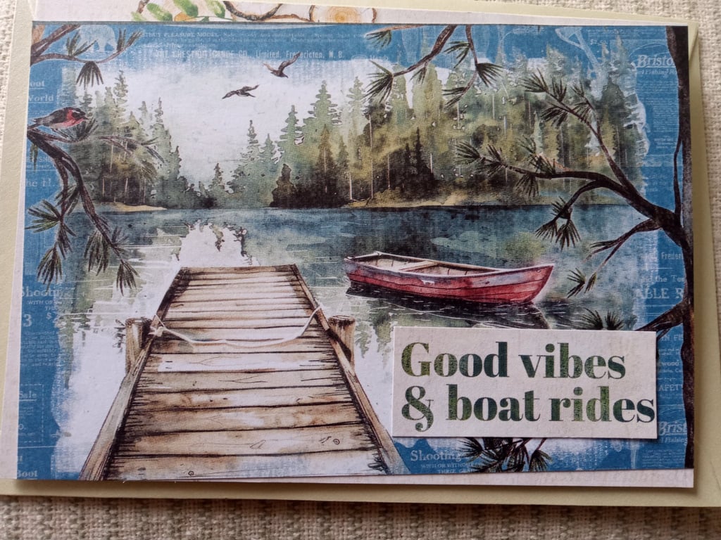 Vintage-style adventure boat card - Boat Card - New Beginnings Card