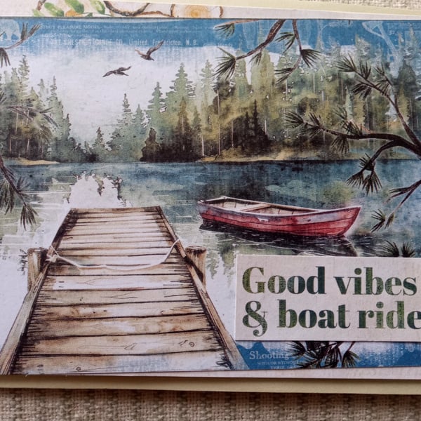 Vintage-style adventure boat card - Boat Card - New Beginnings Card