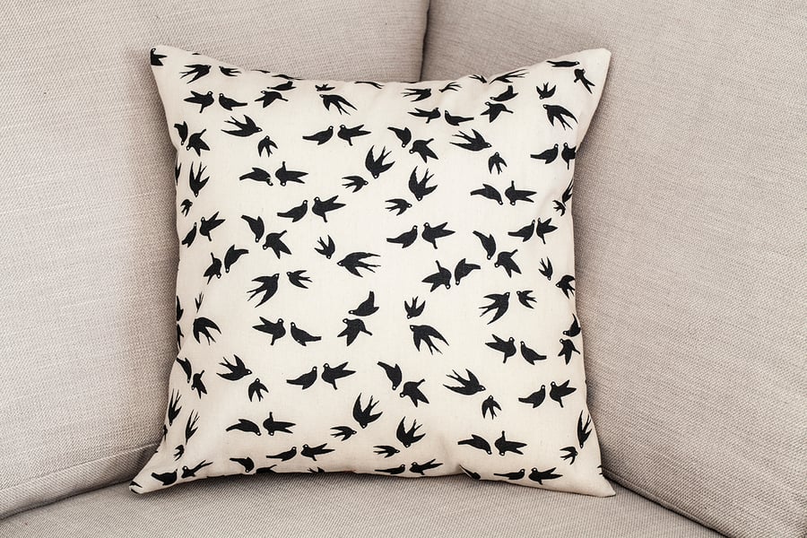 Swallows Swifts Cushion Cover 18" inch neutral beige black silhouettes birds 