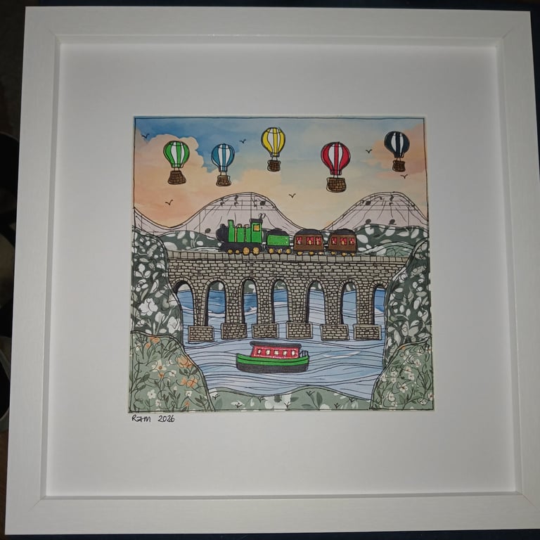 Quirky art, original whimsical,   framed illustrated canal barge train picture