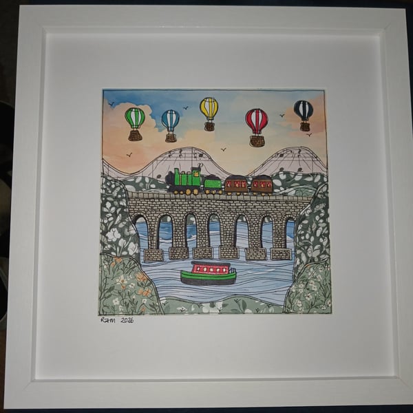Quirky art, original whimsical,   framed illustrated canal barge train picture