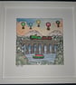 Quirky art, original whimsical  12 x 12" framed illustrated boat, train picture
