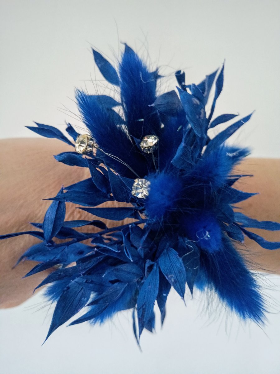 Soft Ruscus Dried Wrist Corsage- Blue