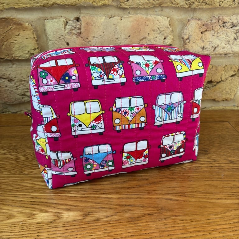 Campervan Print Quilted Fabric Box Shape Wash Bag