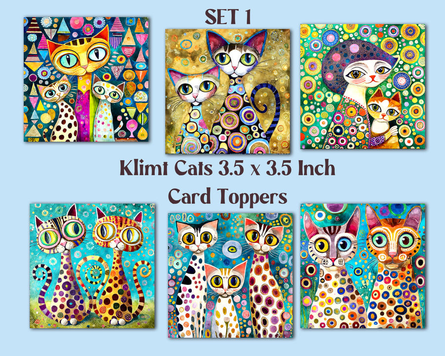 Klimt Cats Square Card Toppers for Card Making, Tags, Journals, Scrapbooks