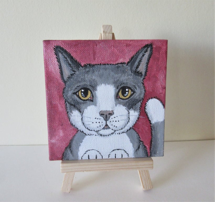 Cat Miniature Original Acrylic Painting with Easel Letterbox Gift Charity