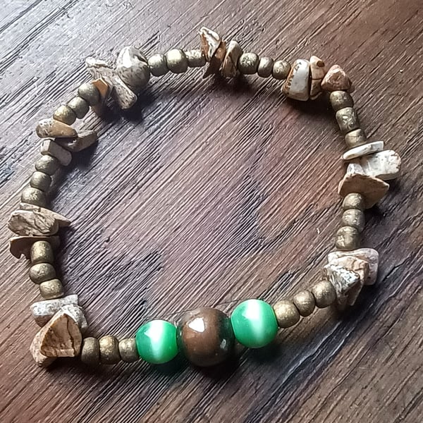 "Earth" - Stretchy crystal chip, seed beads and beaded fashion bracelet 