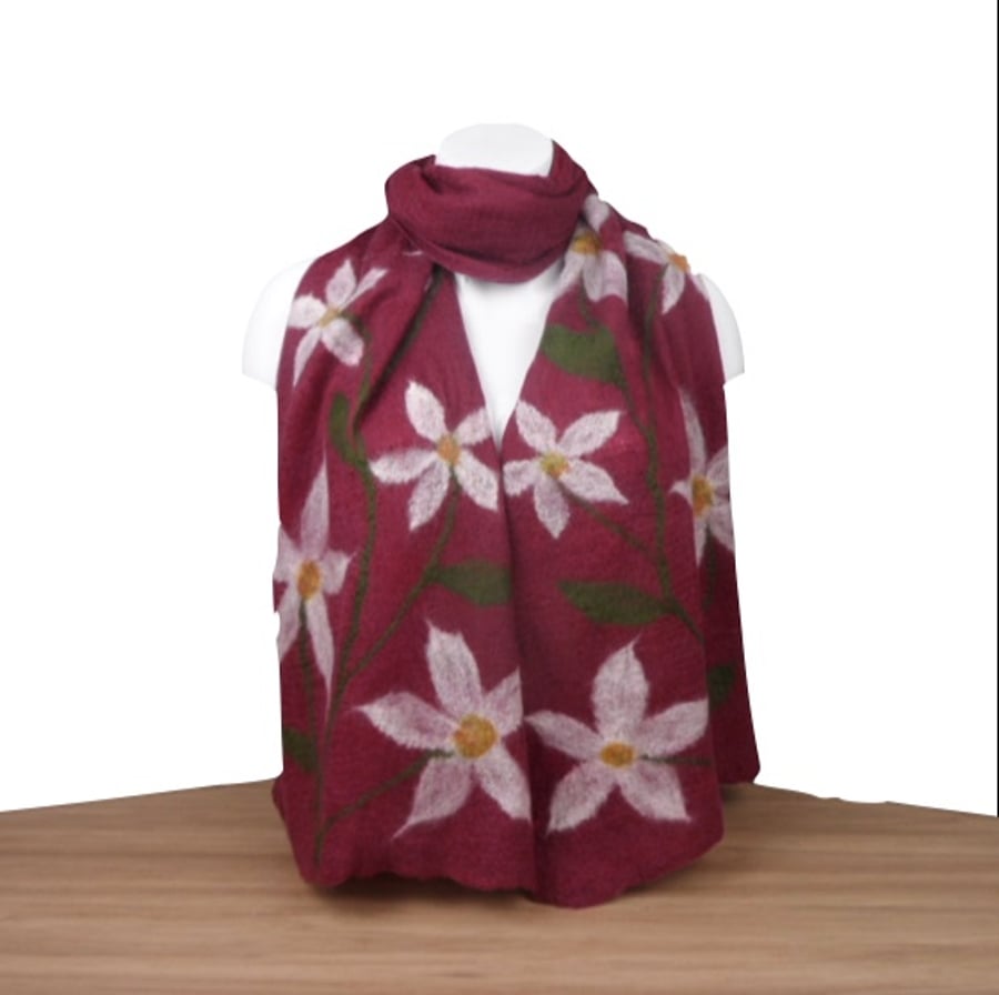 Nuno felted scarf, burgundy red with white flowers - longer length with gift box