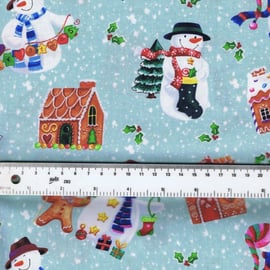 Fat Quarter Holiday Gingerbread House Snowmen Sewing Cotton Quilting Fabric Teal