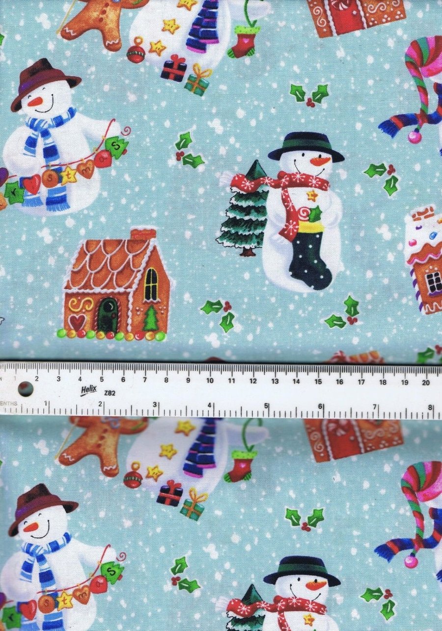 Fat Quarter Holiday Gingerbread House Snowmen Sewing Cotton Quilting Fabric Teal