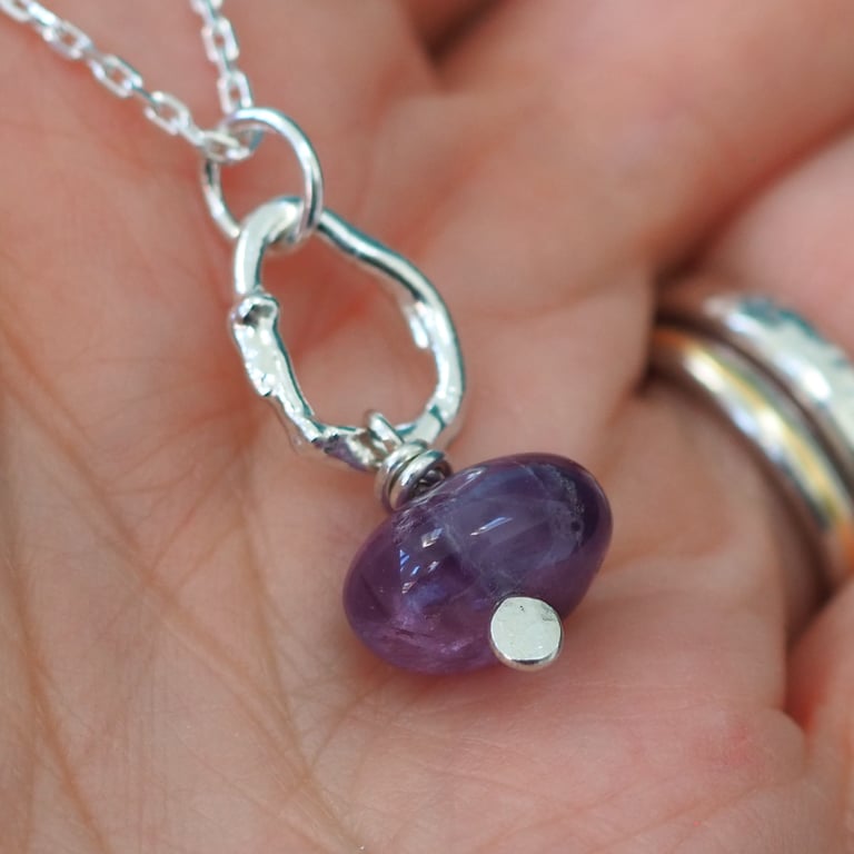 Amethyst drop necklace, molten sterling silver