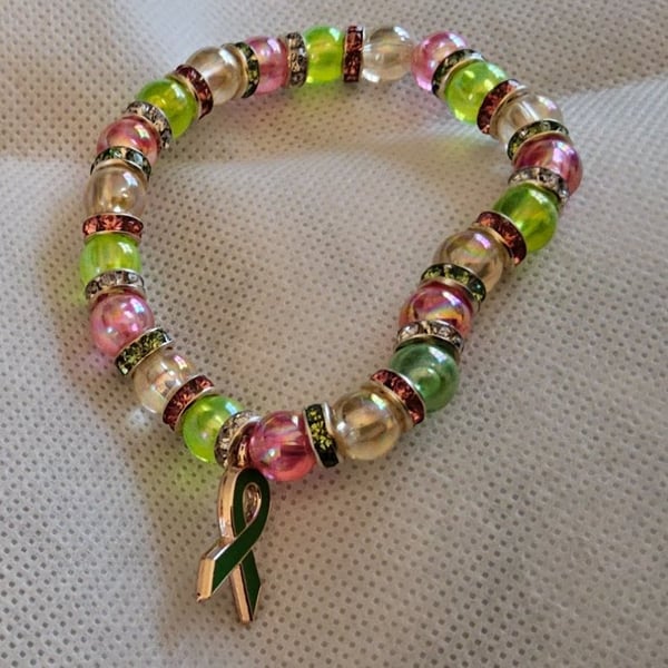 "Growth & Acceptance" Pink & Green Beaded Bracelet with Green Ribbon Charm