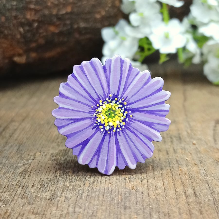 Purple Daisy Pin Badge, Handmade Aster Flower Brooch, Michaelmas Daisy Gift