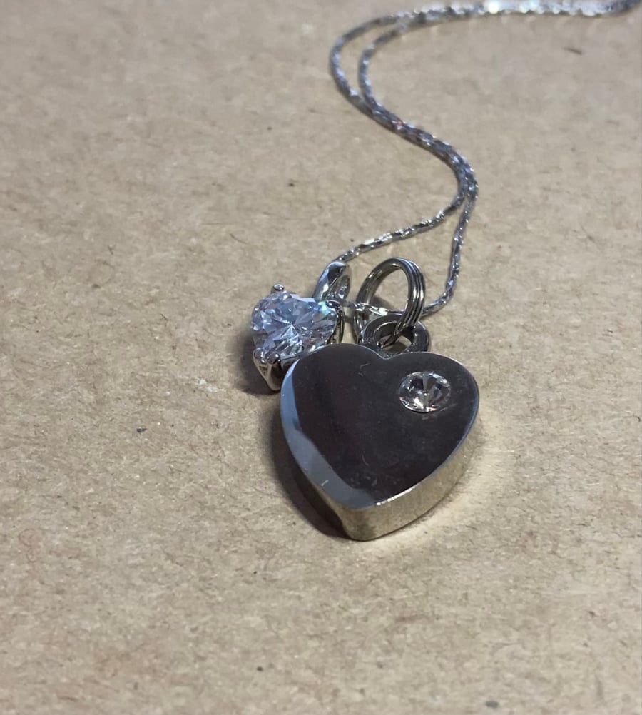 Upcycled Vintage Stainless Steel Heart Pendant inlay With Rhinestone Necklace