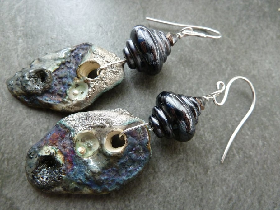 Sterling silver, lampwork and ceramic crusted earrings