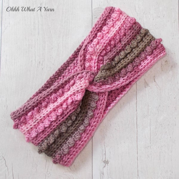 Ladies crochet pink and brown twist ear warmer. Ear warmer. Pink headband