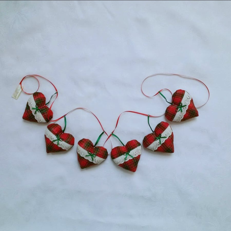 Tartan, Christmas heart, decoration, red, green, garland, bunting, festive, xmas