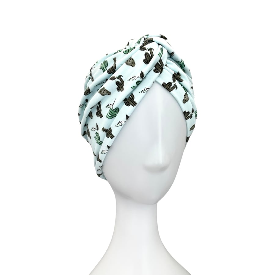 Mint Green Cacti Print Twisted Turban Hat for Women, Summer Hair Turban Twist
