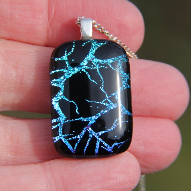  Blue dichroic glass  pendant,  branches dichroic fused glass necklace SKU F42