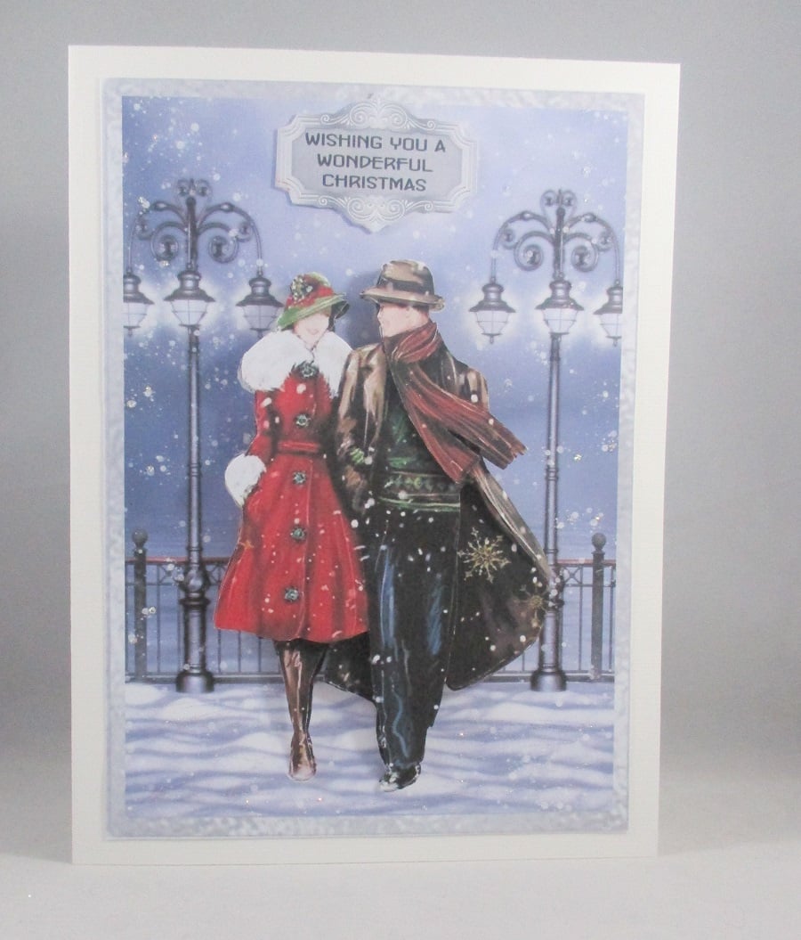 Vintage Couple 3D Decoupage Christmas Card, handmade,personalise,first Christmas