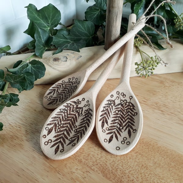 Three pyrography rowan wooden spoons