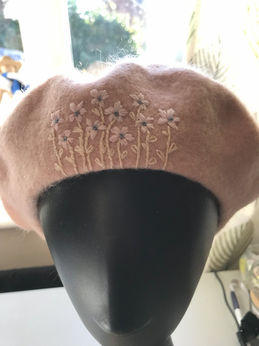 Pale Pink Pure New Wool, Woolmark, Embroidered Beret.