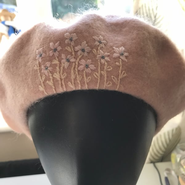 Pale Pink Pure New Wool, Woolmark, Embroidered Beret.