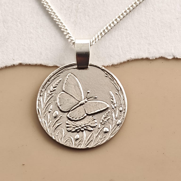 Butterfly Engraved Sterling Silver Coin Necklace