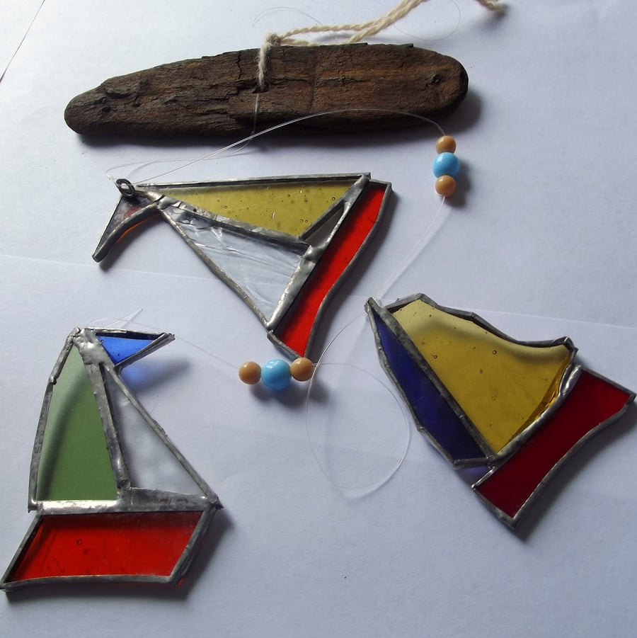 Stained Glass Boat Mobile in orange and yellow sunshine colours