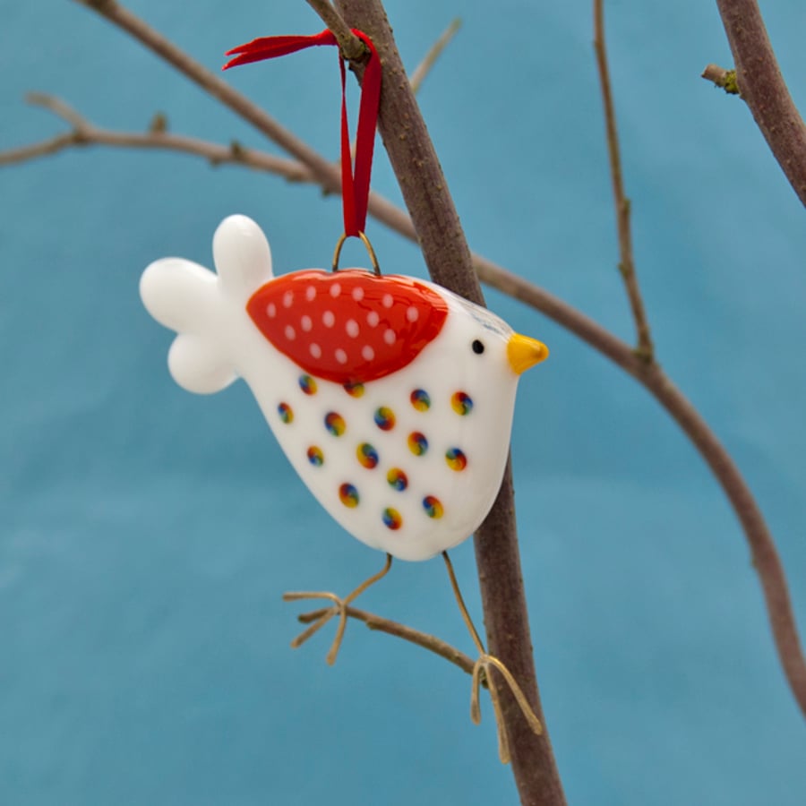 Fused Glass White and Rainbow Spotty Bird Decoration
