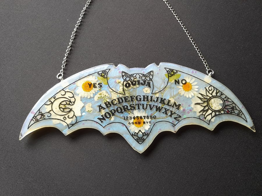 Ouija Bat Hanging Wall Decor - Iridescent White With Dried Flowers and Glitter