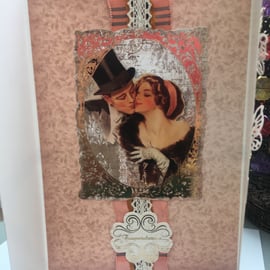 Victorian style kissing couple gate fold wedding card