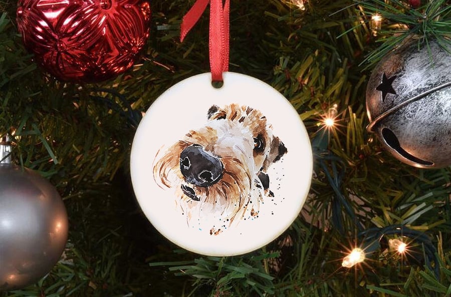 Airedale Terrier Ceramic Circle Tree Decoration.Airedale Terrier Xmas Tree Decor
